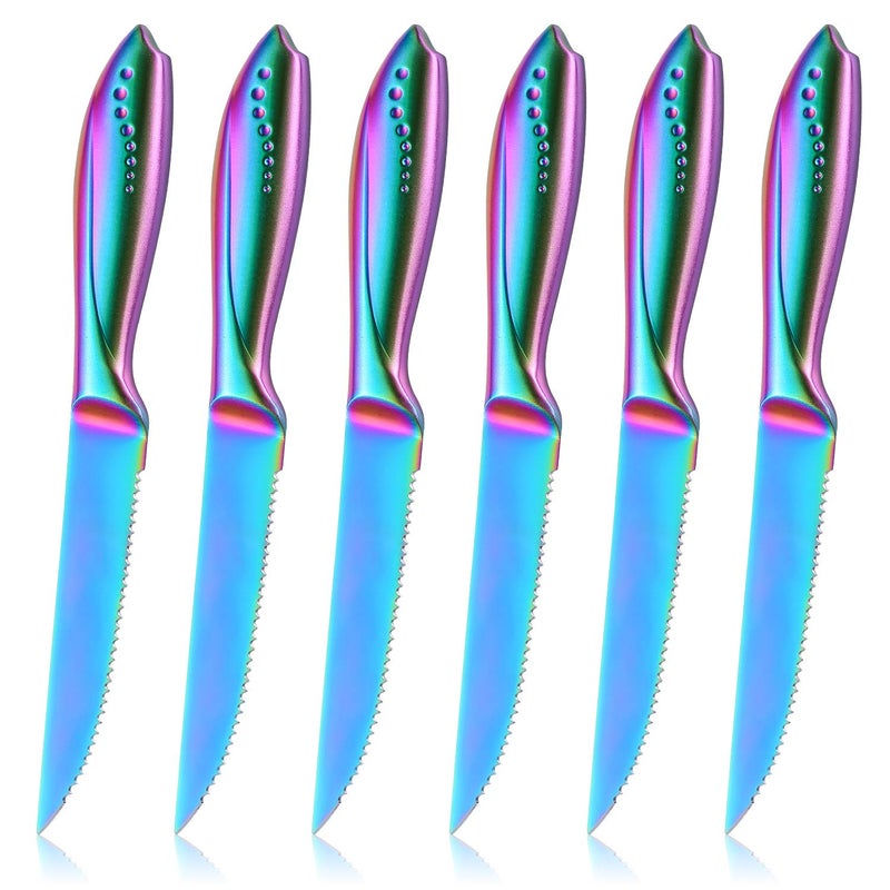 WELLSTAR Rainbow Serrated Steak Knife Set of 6, Razor Sharp German Steel Blade 4.75 inch and Comfortable Stainless Steel Hollow Handle with Titanium Coated Dinner Table Knives Set for Home Restaurant - Image 1